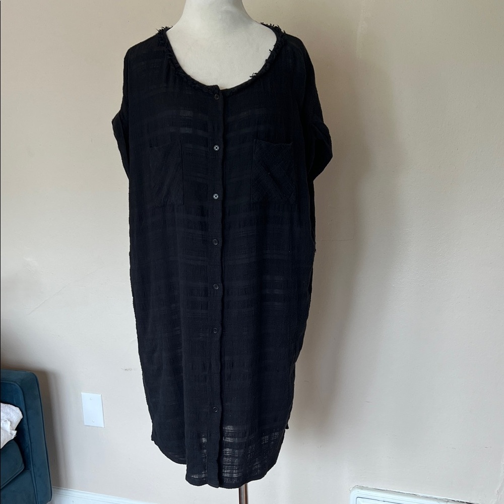 Raquel Allegra Dark Navy Nubby Cotton Button Down Dress/Coverup